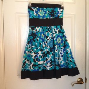 Speechless Blue Dress Strapless Floral Belted A-Line Flower Print Size 7 S